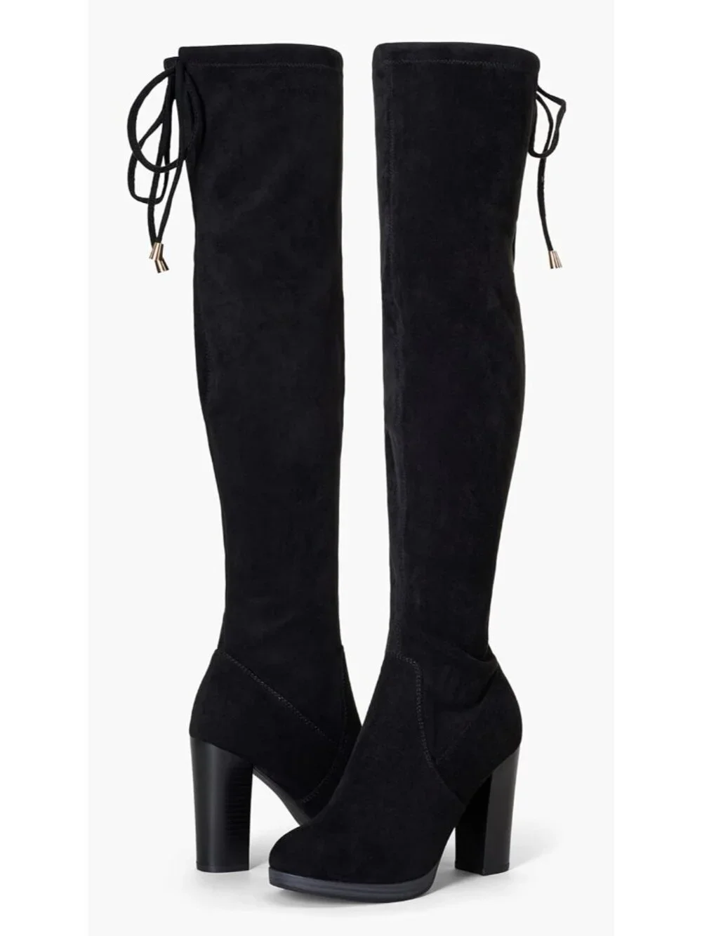 Women's Black Block Heel Round Toe Faux Suede Over The Knee Thigh High Boots